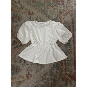 Gage White Peplum Top | Puff Sleeve Blouse Size L (Fits Small/Medium)
